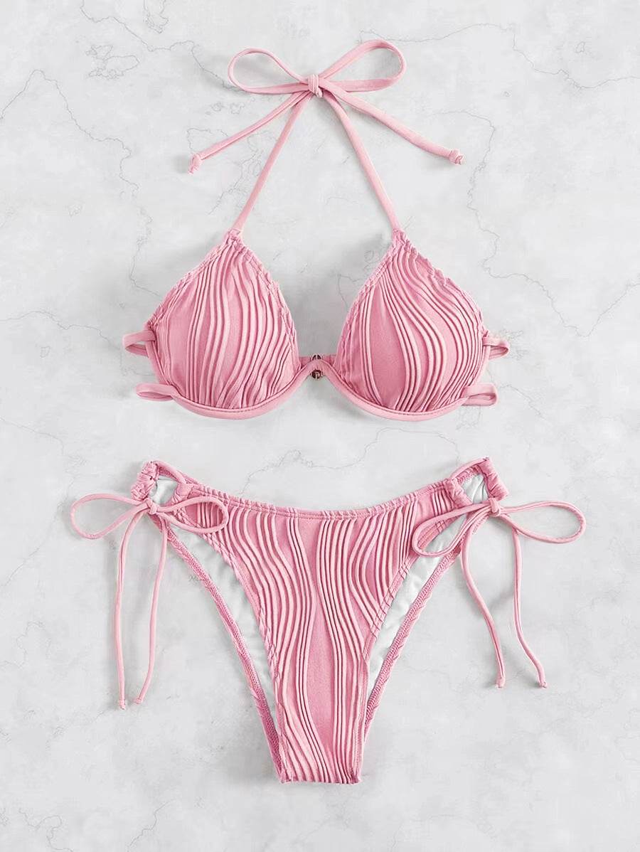 Women's Solid Color Stripe 2 Pieces Set Bikinis Swimwear
