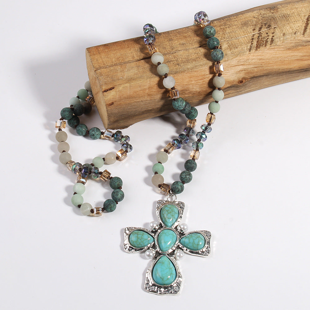 Retro Bohemian Cross natural stone Beaded Chain Pendant Necklace In Bulk Natural stone necklace