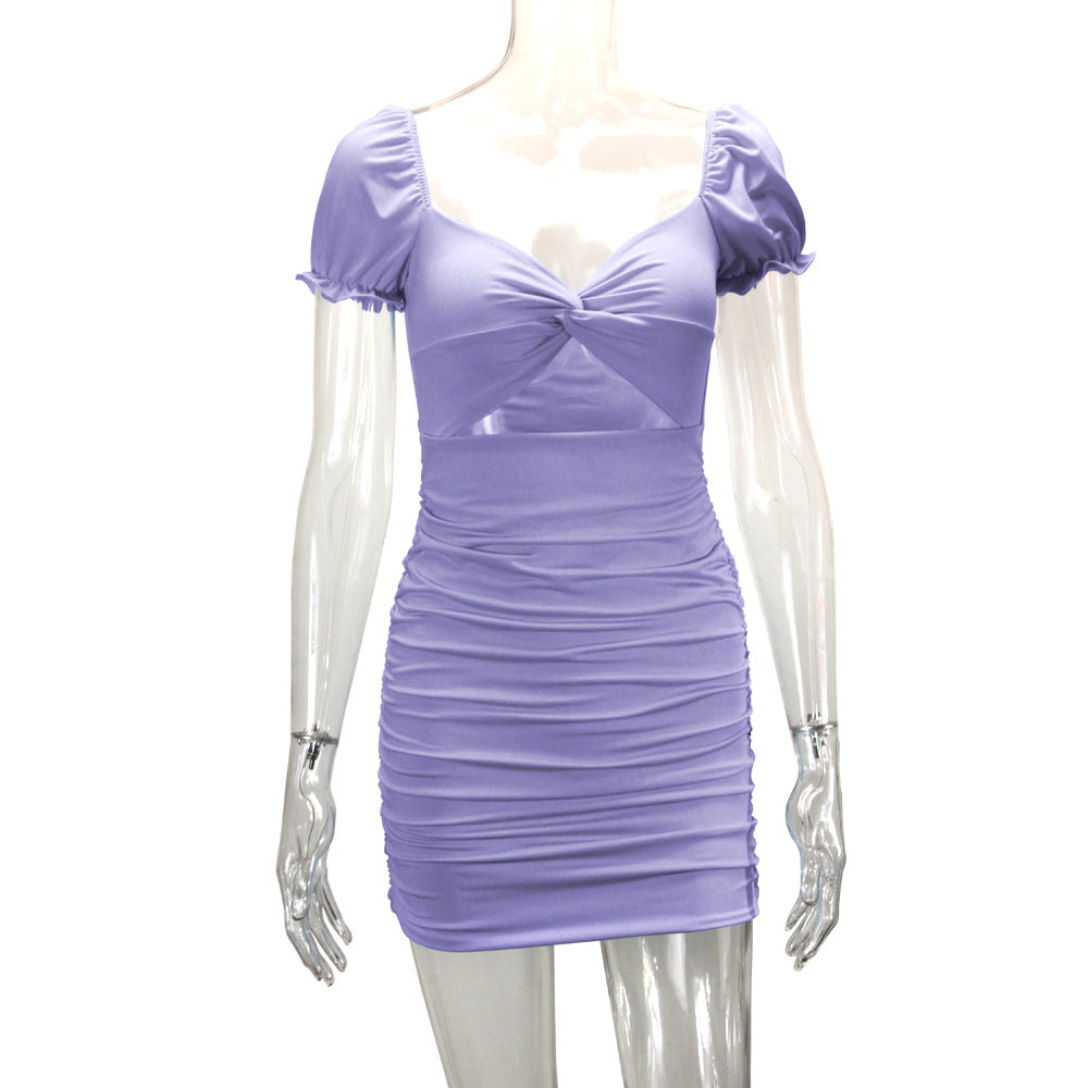 Women's Sheath Dress Vacation Simple Style U Neck Pleated Short Sleeve Solid Color Above Knee Holiday