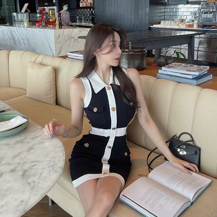 Women's Sheath Dress Elegant Turndown Contrast Binding Button Sleeveless Plaid Above Knee Daily