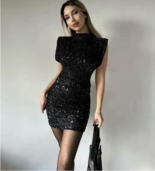 Women's Sheath Dress Elegant Round Neck Sequins Sleeveless Solid Color Above Knee Banquet