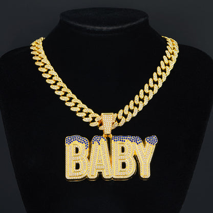 Cross-Border Hot Selling Men's Street Colorful Crystals English Letter Baby Pendant Rapper Hip Hop Cool Cuban Link Chain