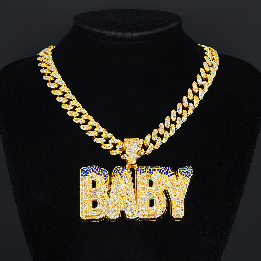 Cross-Border Hot Selling Men's Street Colorful Crystals English Letter Baby Pendant Rapper Hip Hop Cool Cuban Link Chain