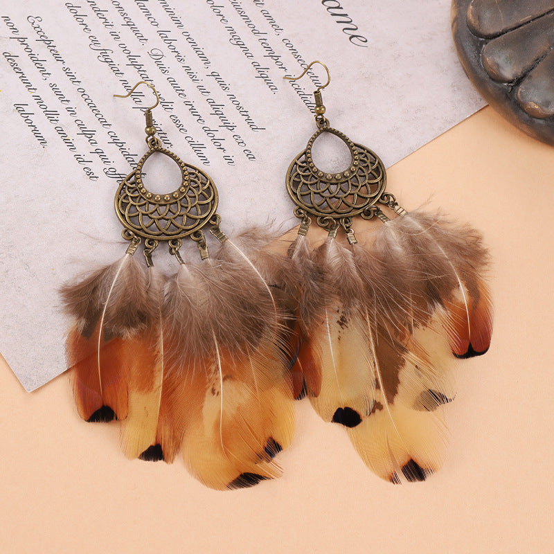 1 Pair Vintage Style Geometric Tassel Alloy Feather Drop Earrings