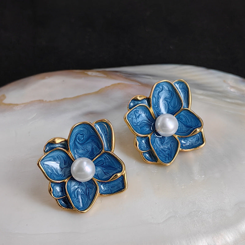 Vintage Enamel Flower Drop Earrings with S925 Posts