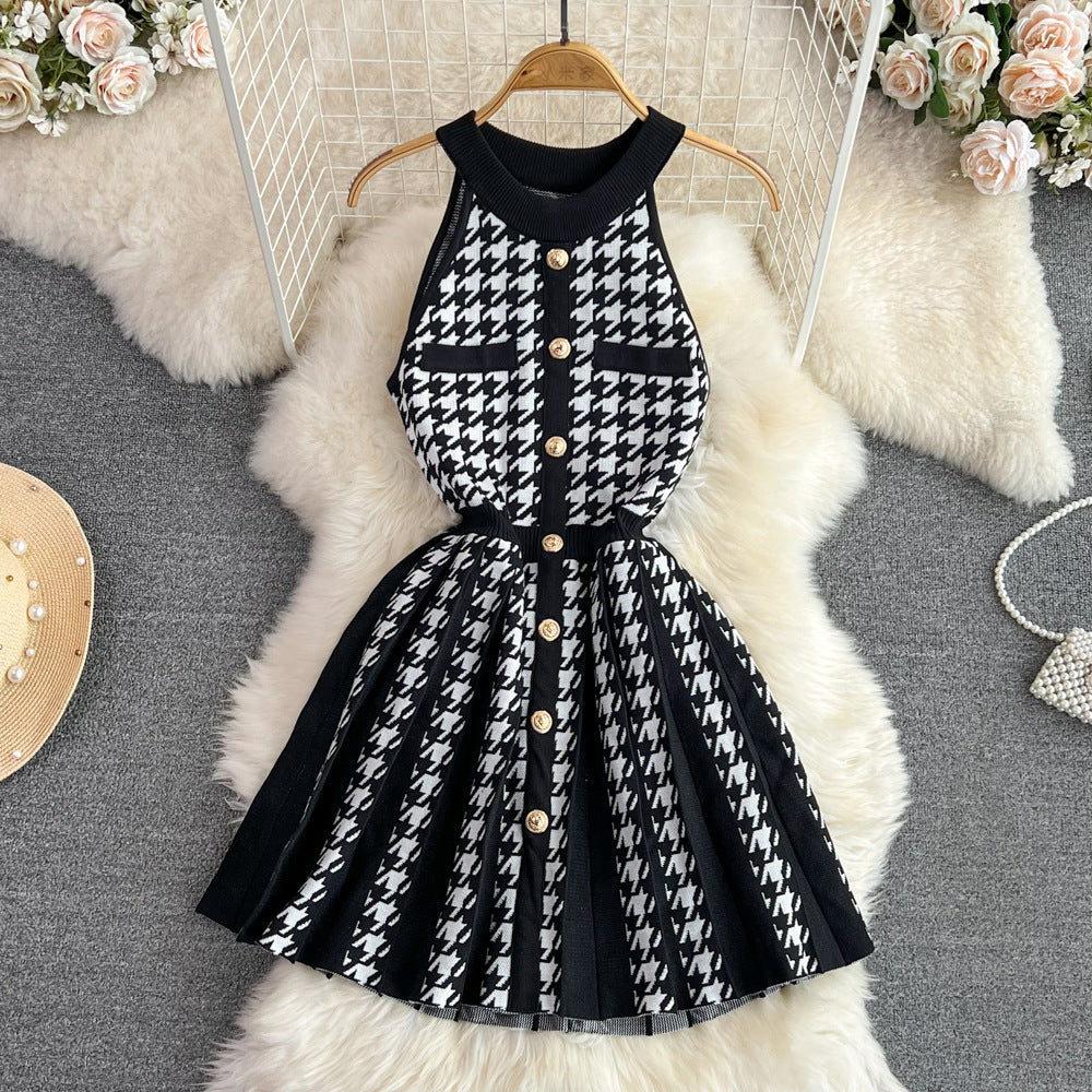 Women's Sheath Dress Elegant Round Neck Button Sleeveless Houndstooth Above Knee Daily