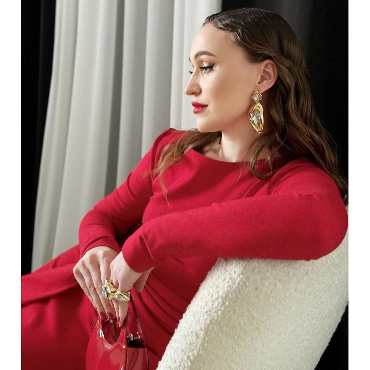 Women's Sheath Dress Elegant Round Neck Thigh Slit Long Sleeve Solid Color Maxi Long Dress Banquet Daily