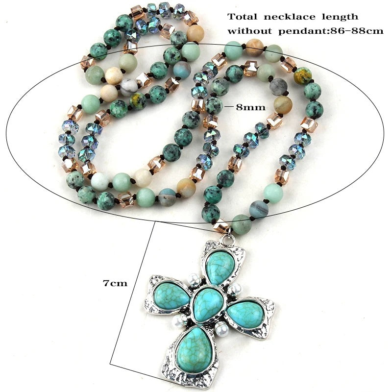Retro Bohemian Cross natural stone Beaded Chain Pendant Necklace In Bulk Natural stone necklace