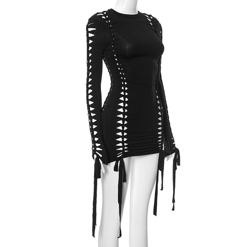 Women's Hip skirt Streetwear Round Neck Long Sleeve Solid Color Above Knee Holiday