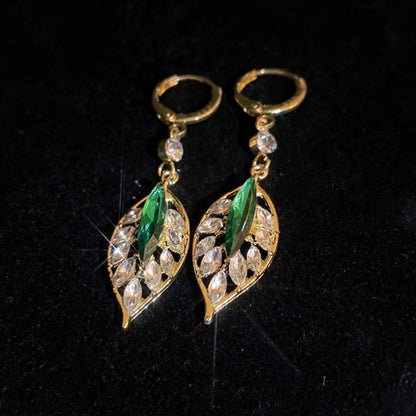 Sparkling zircon green leaf earrings