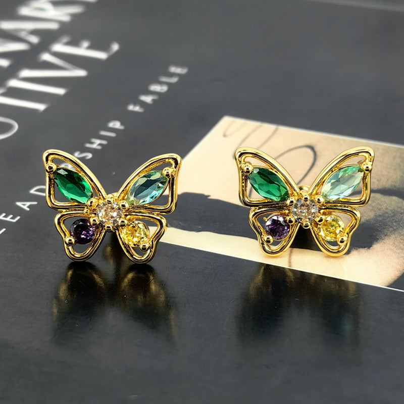 Colorful Zircon Butterfly Stud Earrings with S925 Posts