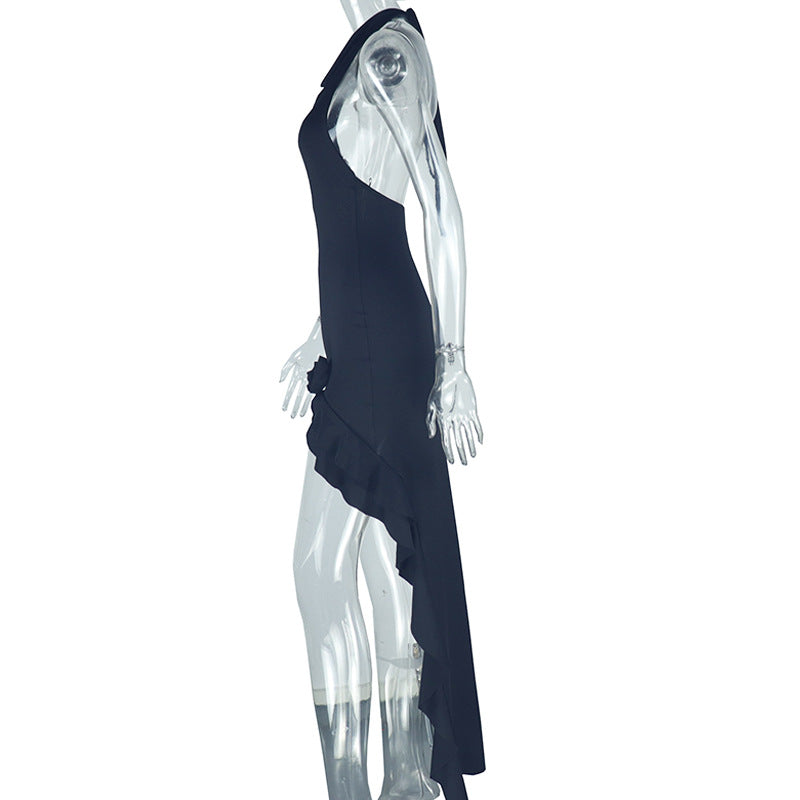 Women's Sheath Dress Elegant Sexy Halter Neck Pleated Sleeveless Solid Color Asymmetrical Dress Banquet