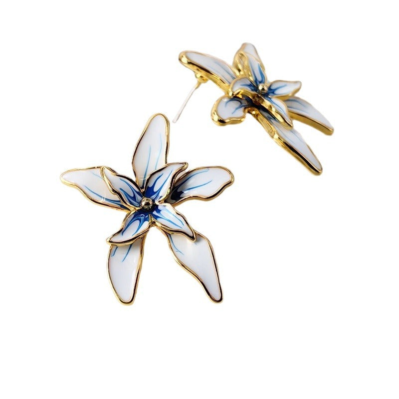 Vintage Enamel Flower Drop Earrings with S925 Posts