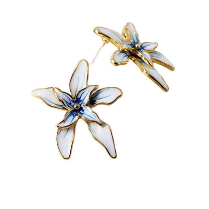Vintage Enamel Flower Drop Earrings with S925 Posts