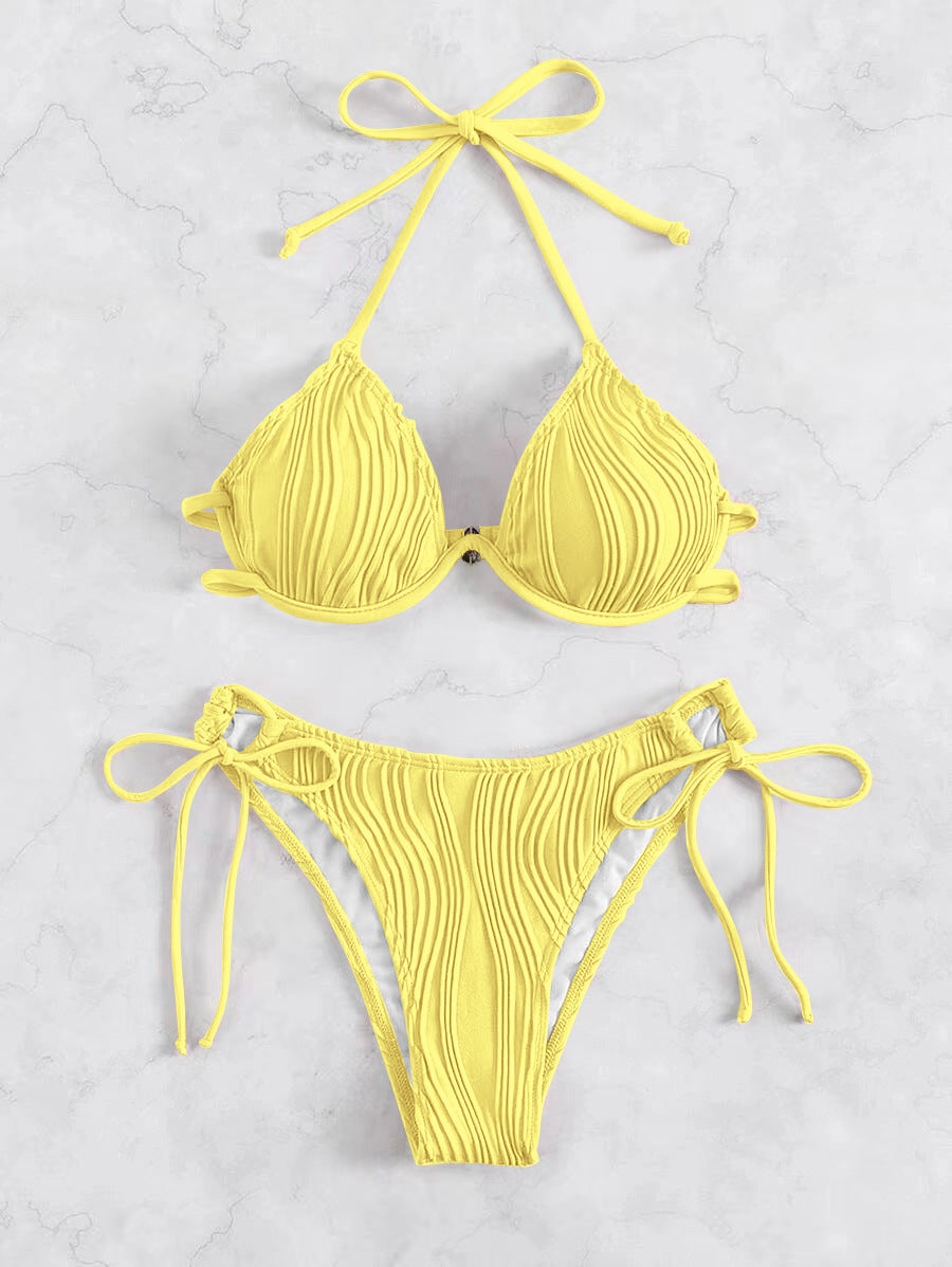 Women's Solid Color Stripe 2 Pieces Set Bikinis Swimwear