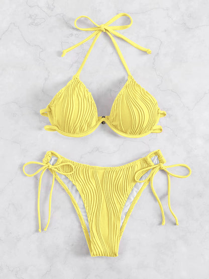 Women's Solid Color Stripe 2 Pieces Set Bikinis Swimwear