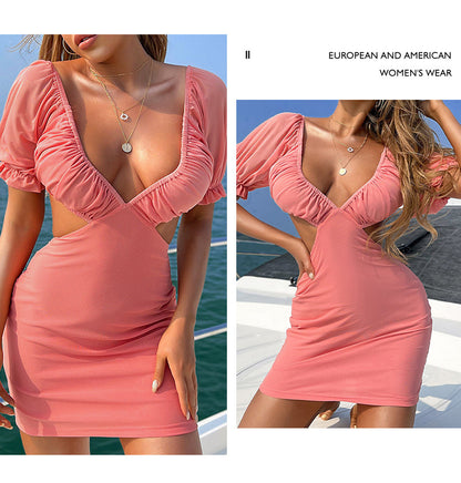 Women's Sheath Dress Elegant Sexy V Neck Hollow Out Short Sleeve Solid Color Above Knee Holiday