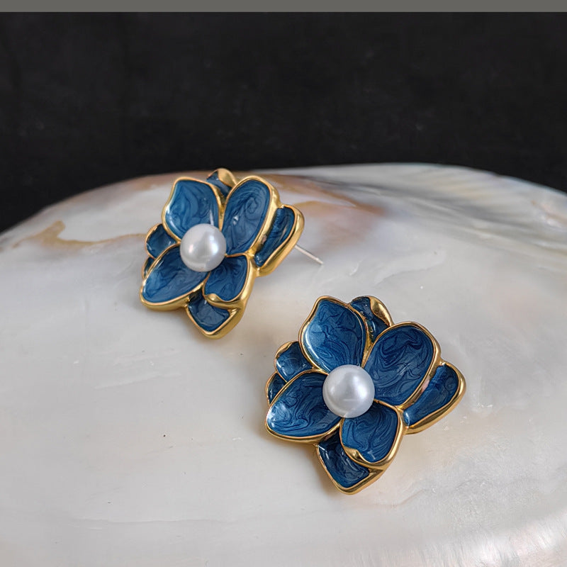 Vintage Enamel Flower Drop Earrings with S925 Posts
