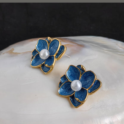 Vintage Enamel Flower Drop Earrings with S925 Posts