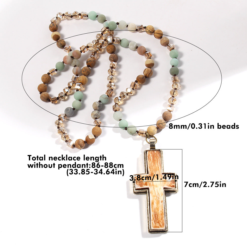 Retro Geometric Cross Semi-precious stone Alloy Resin Beaded Chain Pendant Necklace Long Necklace In Bulk Natural stone necklace