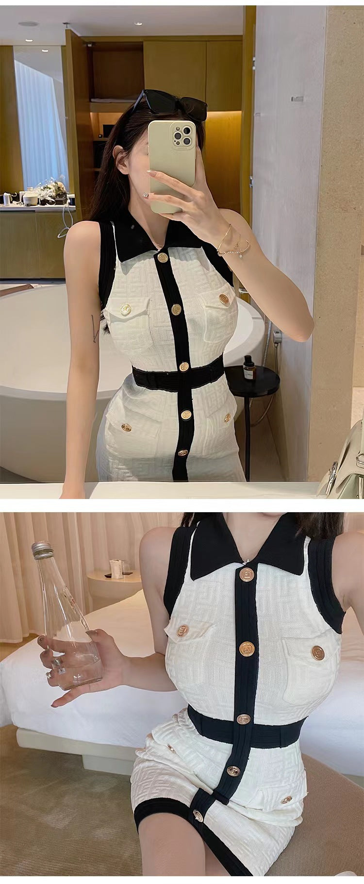 Women's Sheath Dress Elegant Turndown Contrast Binding Button Sleeveless Plaid Above Knee Daily