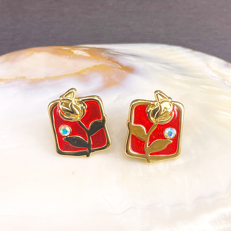Vintage Enamel Flower Stud Earrings with S925 Posts