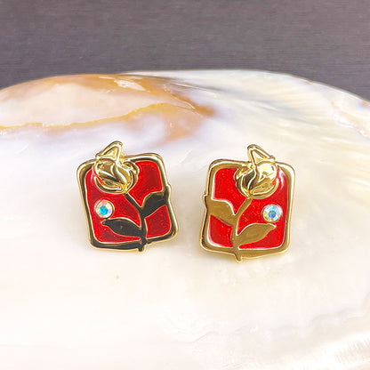 Vintage Enamel Flower Stud Earrings with S925 Posts