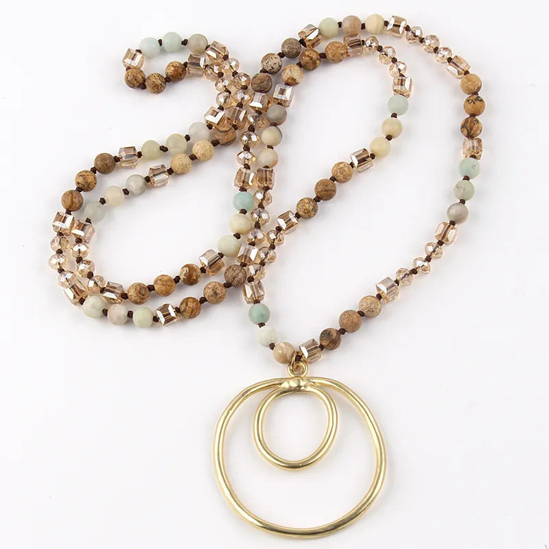 Retro Geometric Semi-precious stone Alloy Glass Beaded Chain Pendant Necklace In Bulk Natural stone necklace
