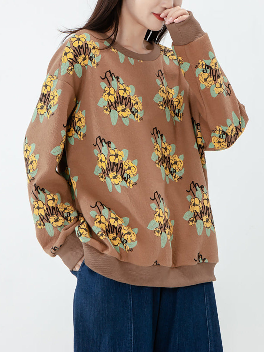 Plus Size - Cotton Women Floral Long Sleeve Sweatshirt