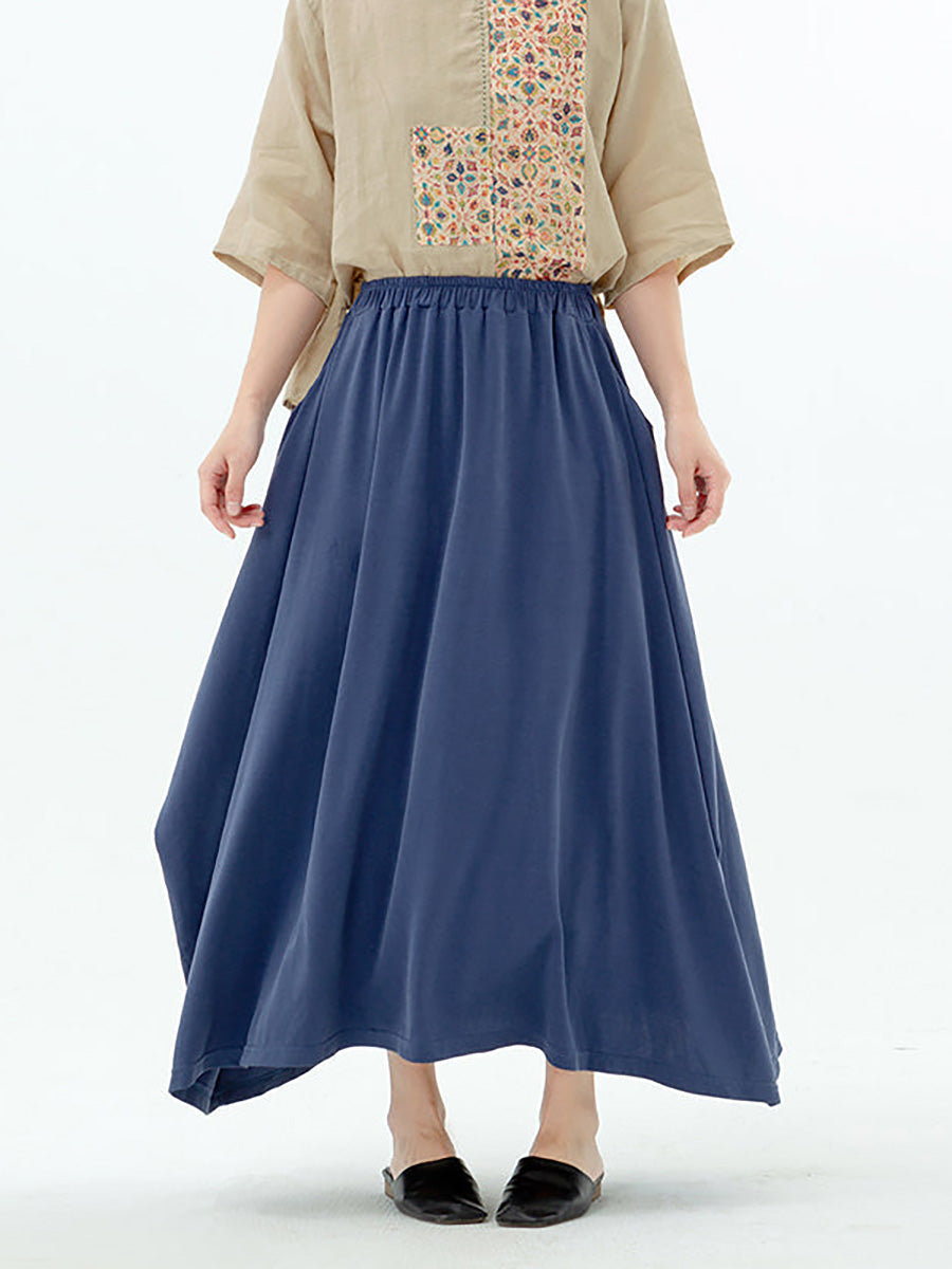 Plus Size - Women Solid Color Pocket Elastic Waist Skirt