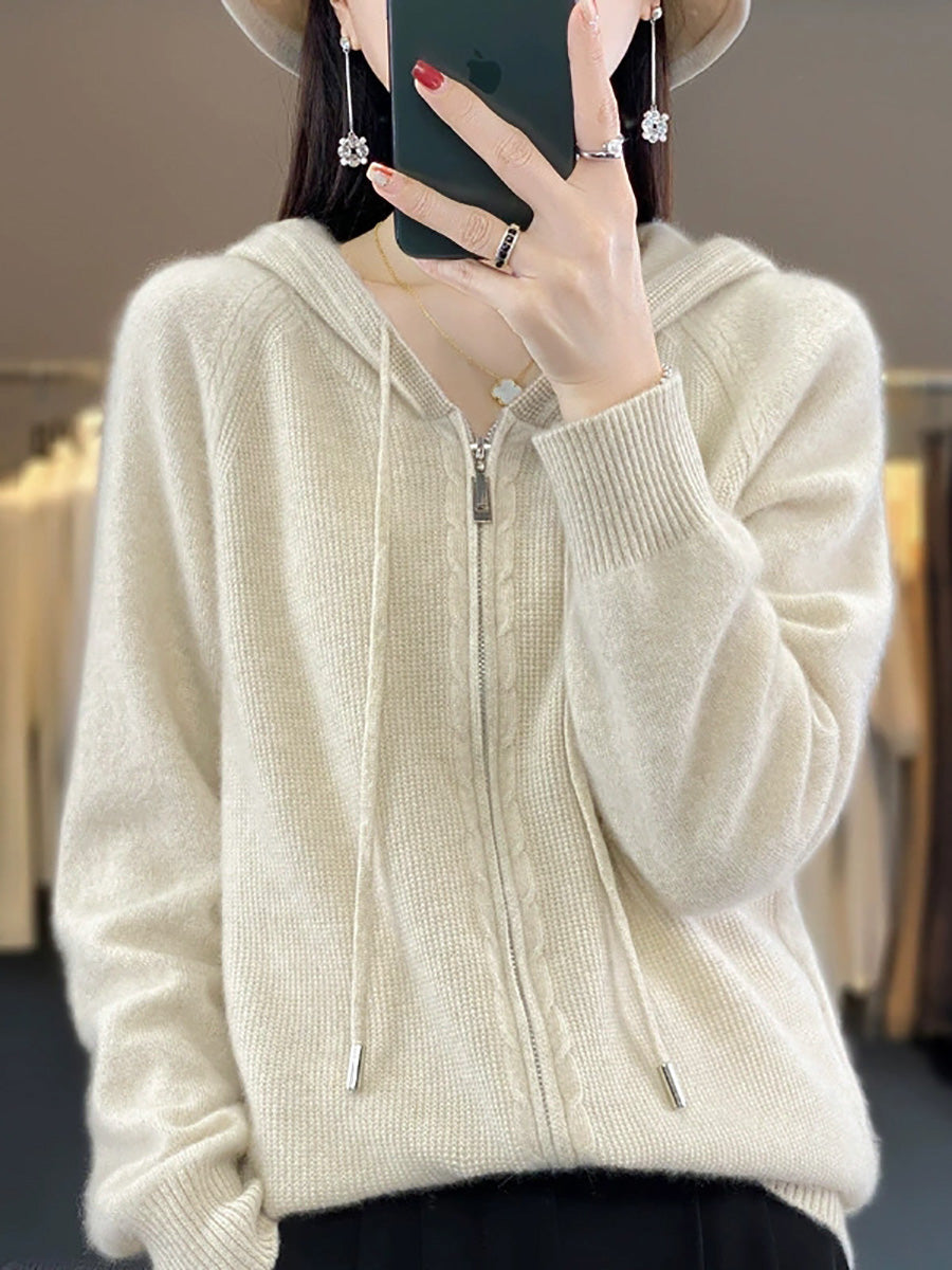 Women Autumn Casual Pure Color Hooded Sweater