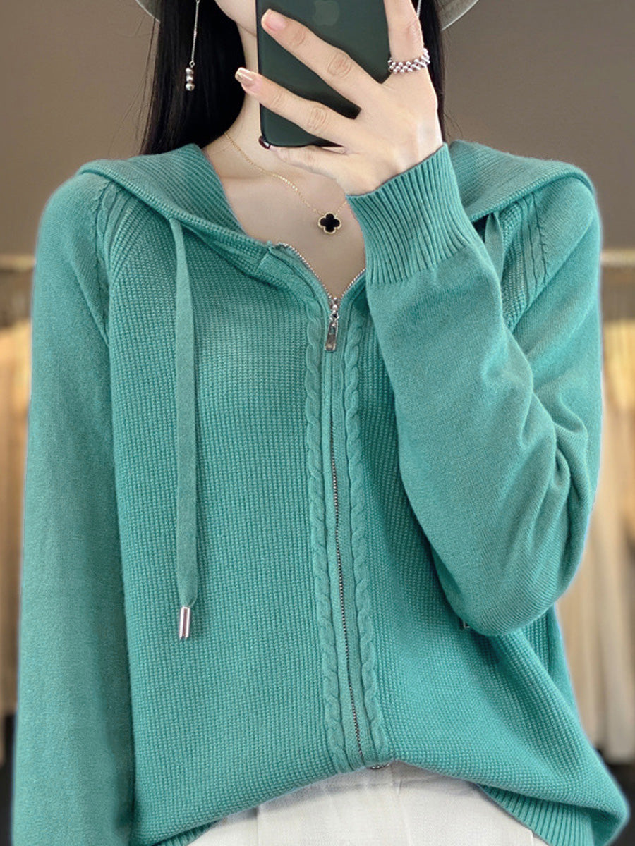 Women Autumn Casual Pure Color Hooded Sweater