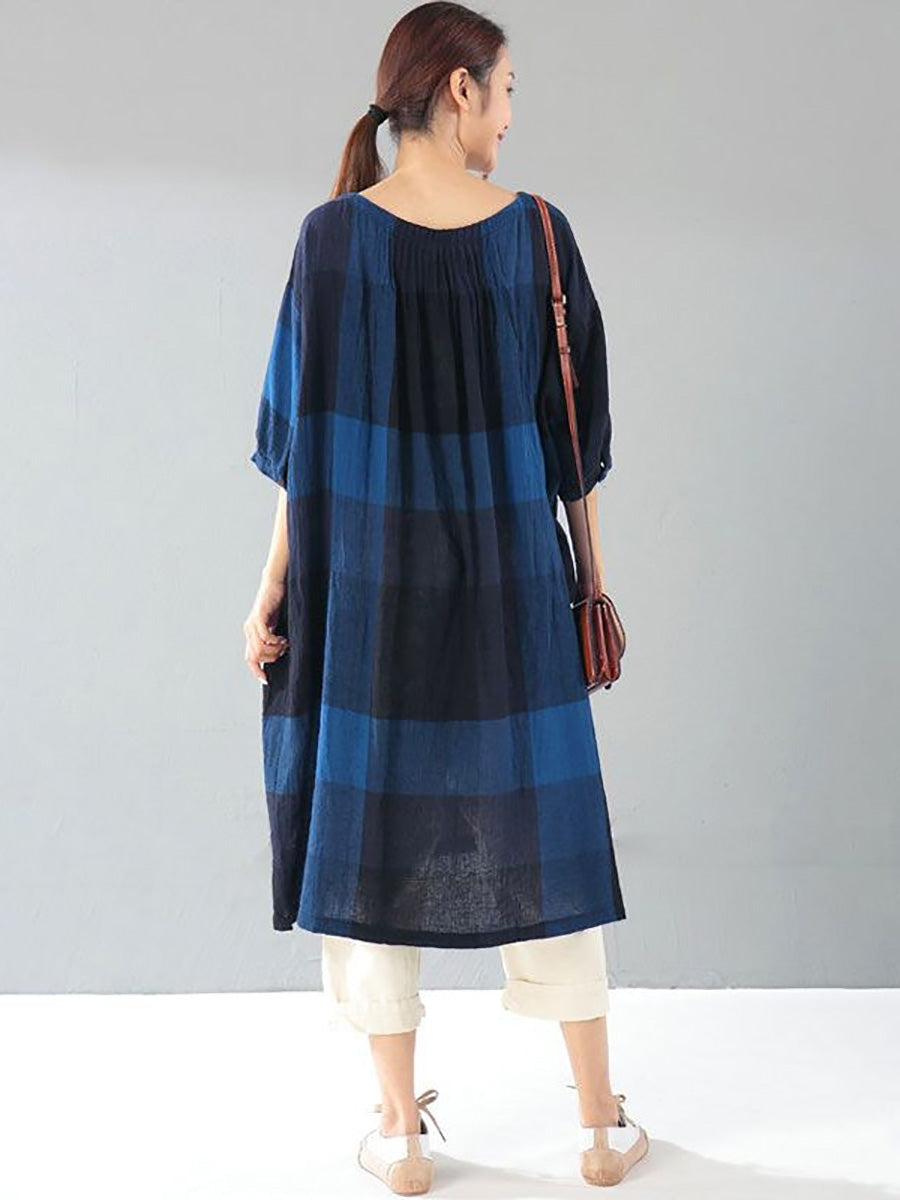 Plus Size Women Literature Lattice Loose Elbow Sleeve Dark Blue Dress