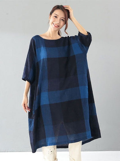 Plus Size Women Literature Lattice Loose Elbow Sleeve Dark Blue Dress