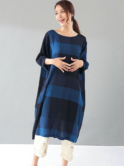 Plus Size Women Literature Lattice Loose Elbow Sleeve Dark Blue Dress