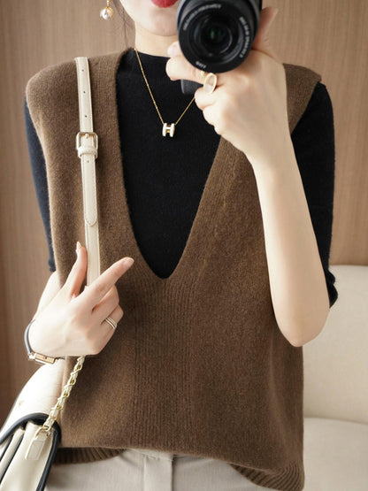 Women Autumn Casual Pure Color V-Neck Knitted Vest