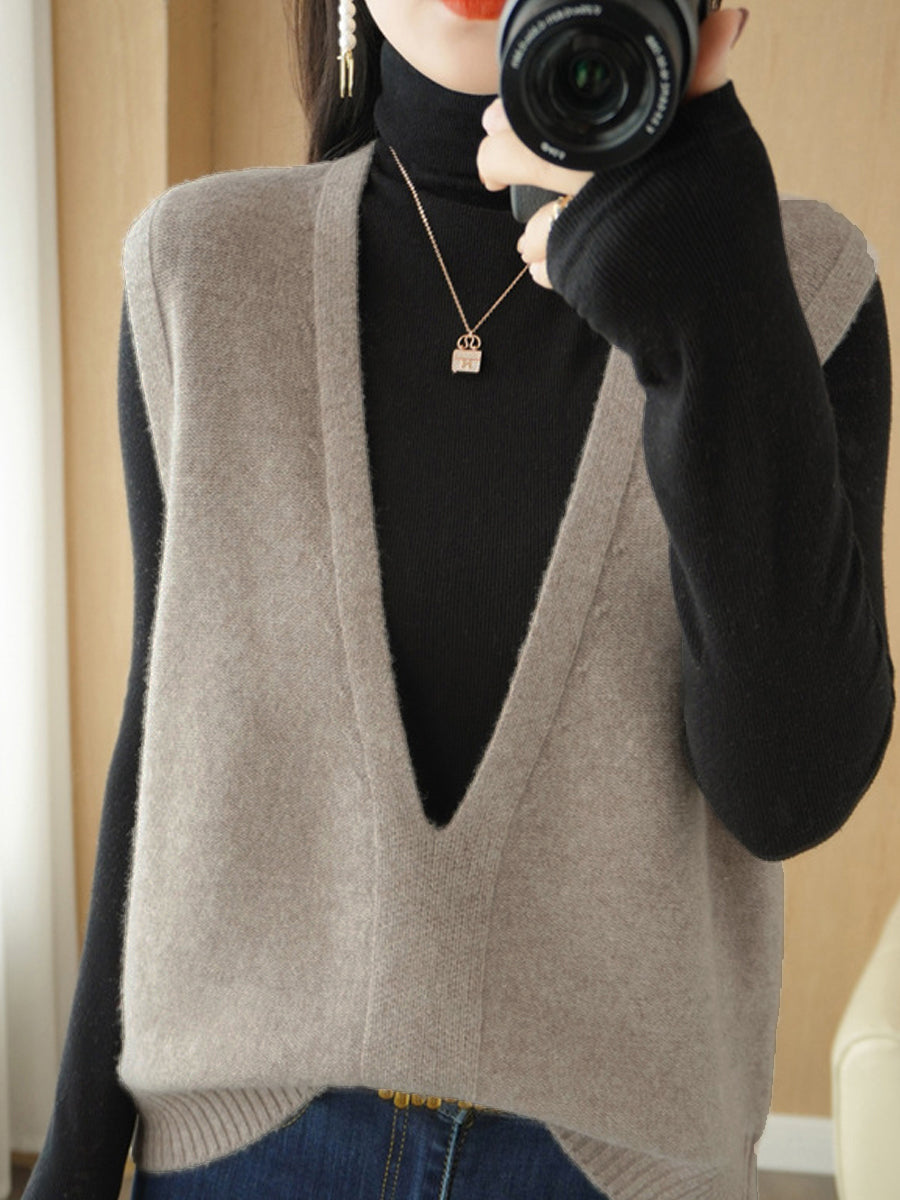 Women Autumn Casual Pure Color V-Neck Knitted Vest