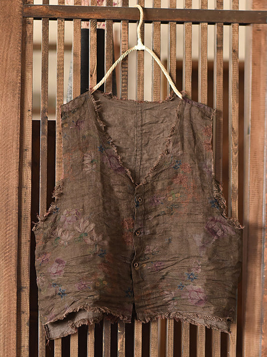 Women Vintage Floral Button-up Raw-edge Linen Vest