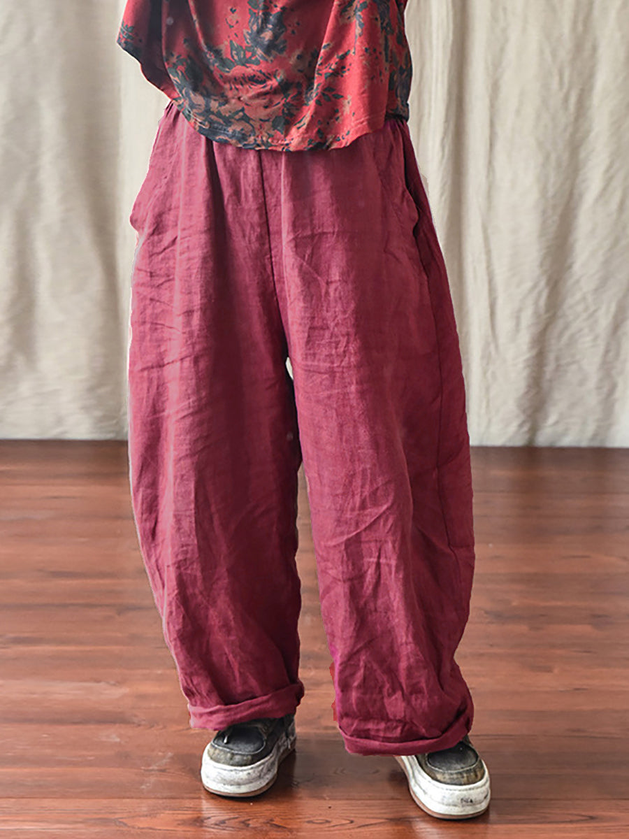 Plus Size Women Casual Solid Loose Elastic Waist Linen Pants