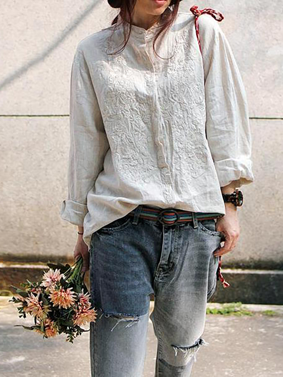 Plus Size - Women Retro Embroidered  Loose 100% Linen Shirt