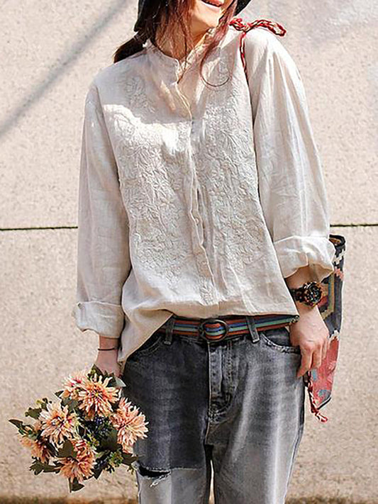 Plus Size - Women Retro Embroidered  Loose 100% Linen Shirt