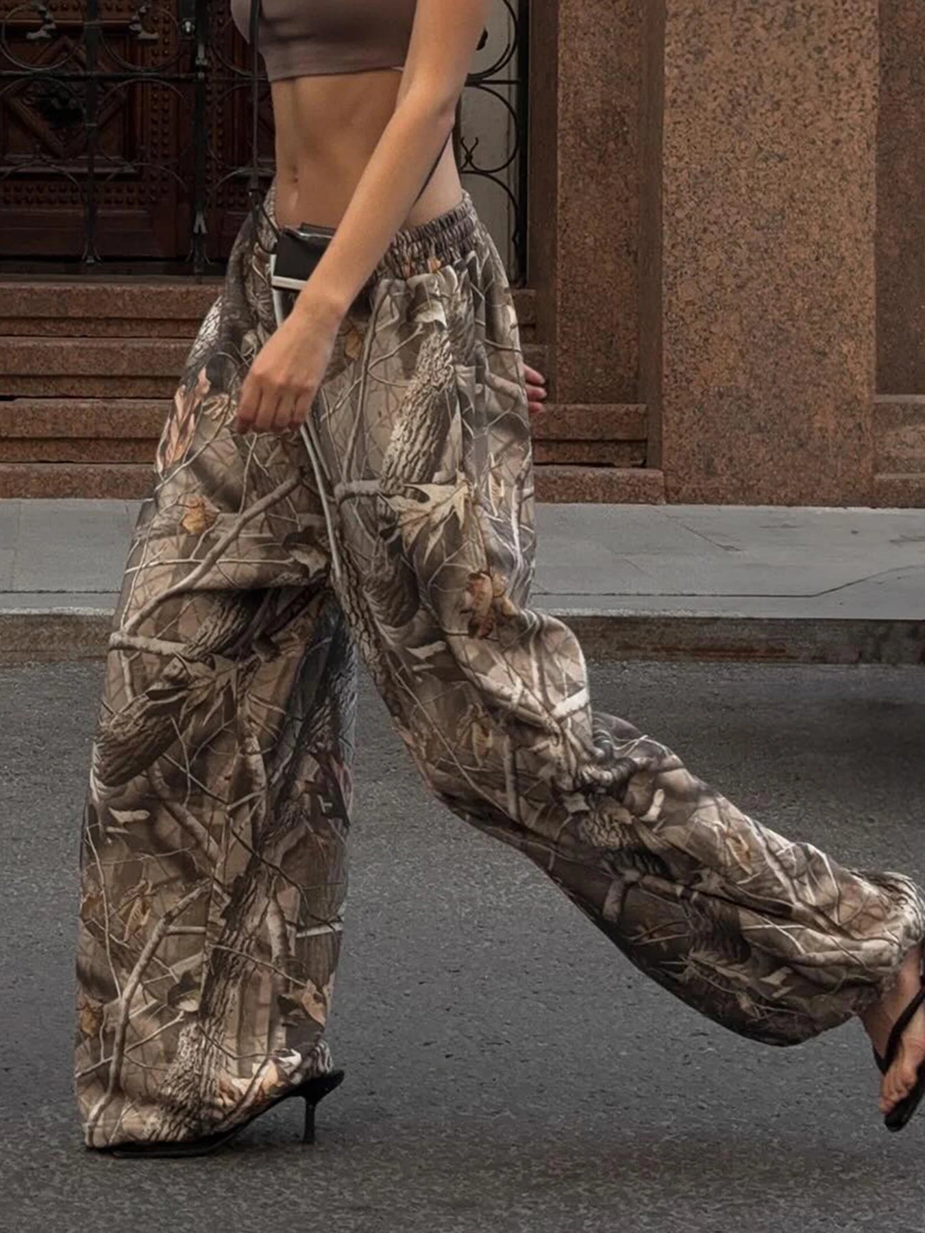 fashionBranch Leaf Print Pants Knitted Elastic Vintage Chic Casual Outfits Basic Streetwear Fashion All-match Bottom