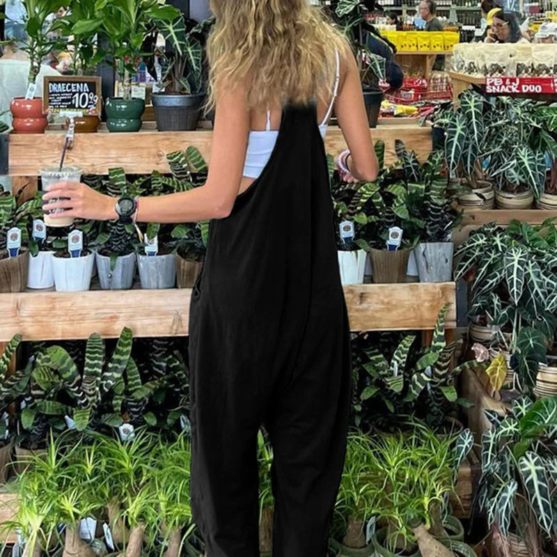 fashion Solid Streetwear Black Loose Jumpsuits Casual Sleeveless Fashion Pockets Overalls Chic Basic Leisure   Rompers
