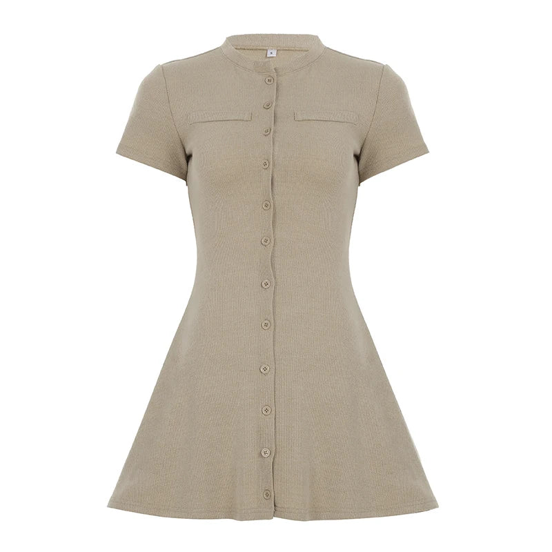 fashion Knitted A-line Casual Elegant Dress Basic Slim Solid Button Vintage Short Sleeved Clothes Harajuku Elastic Outfits
