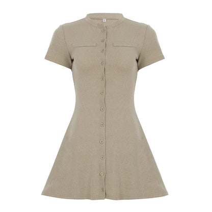 fashion Knitted A-line Casual Elegant Dress Basic Slim Solid Button Vintage Short Sleeved Clothes Harajuku Elastic Outfits