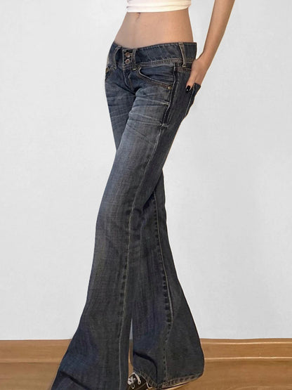 fashionFashion Low Waisted Washed Flared Jeans Button Harajuku Aesthetic Pants Streetwear Basic Slim Pockets Y2K Bottoms