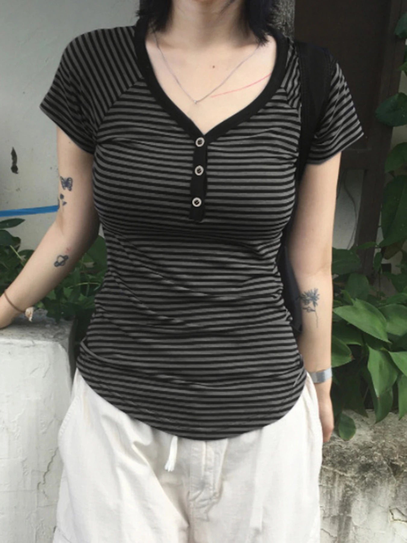 fashion Striped Print Buttons Up Women's Tops Fashion Streetwear Chic Aesthetic Korean Shirts Flare Sleeves Chic Tops