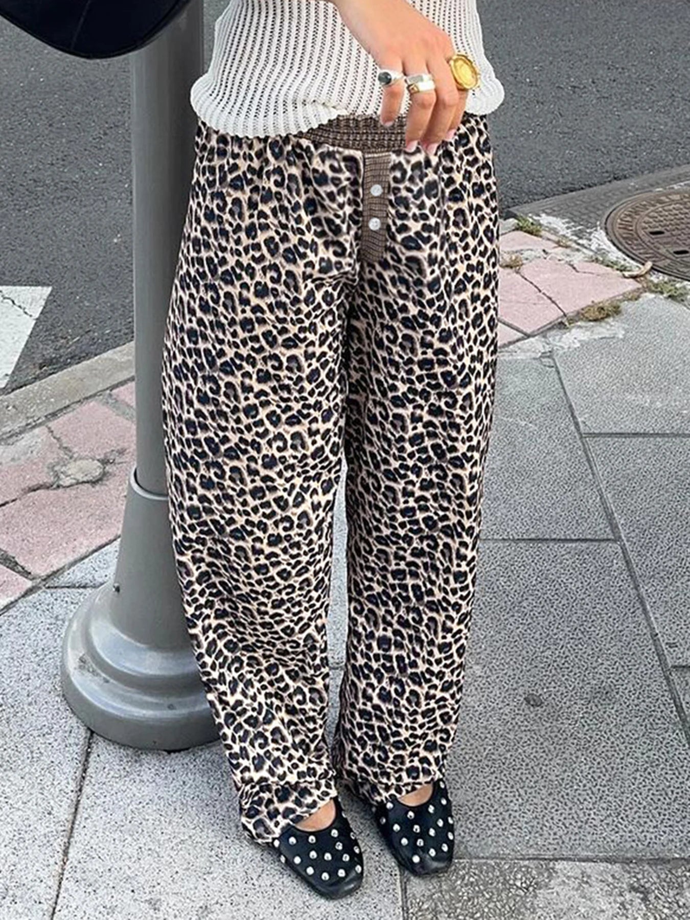 fashion Leopard Print Patchwork Straight Pants Elastic Waist Fashion Harajuku Trousers Aesthetic 2000s Casual Baggy Bottom