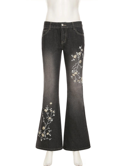 fashion Plant Embroidery Slim Denim Flared Pants Fashion Vintage Chic Retro Sexy Classic Bottoms Solid Streetwear Jeans
