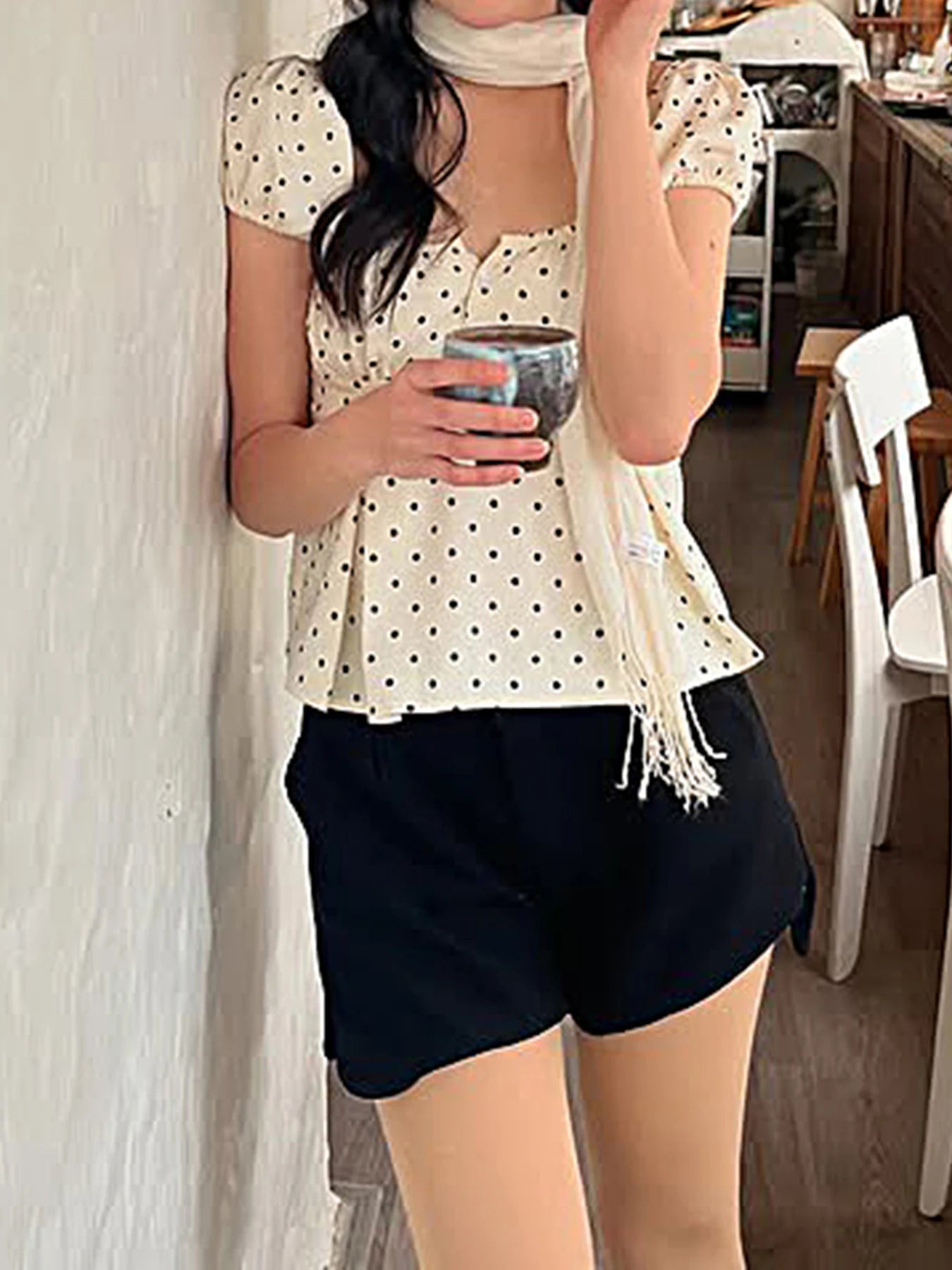 fashion Polka Dot Slim Buttom Casual Women's Clothing Square Collar Casual Chic Vintage Tops Streetwear Fold Basic T-shirt
